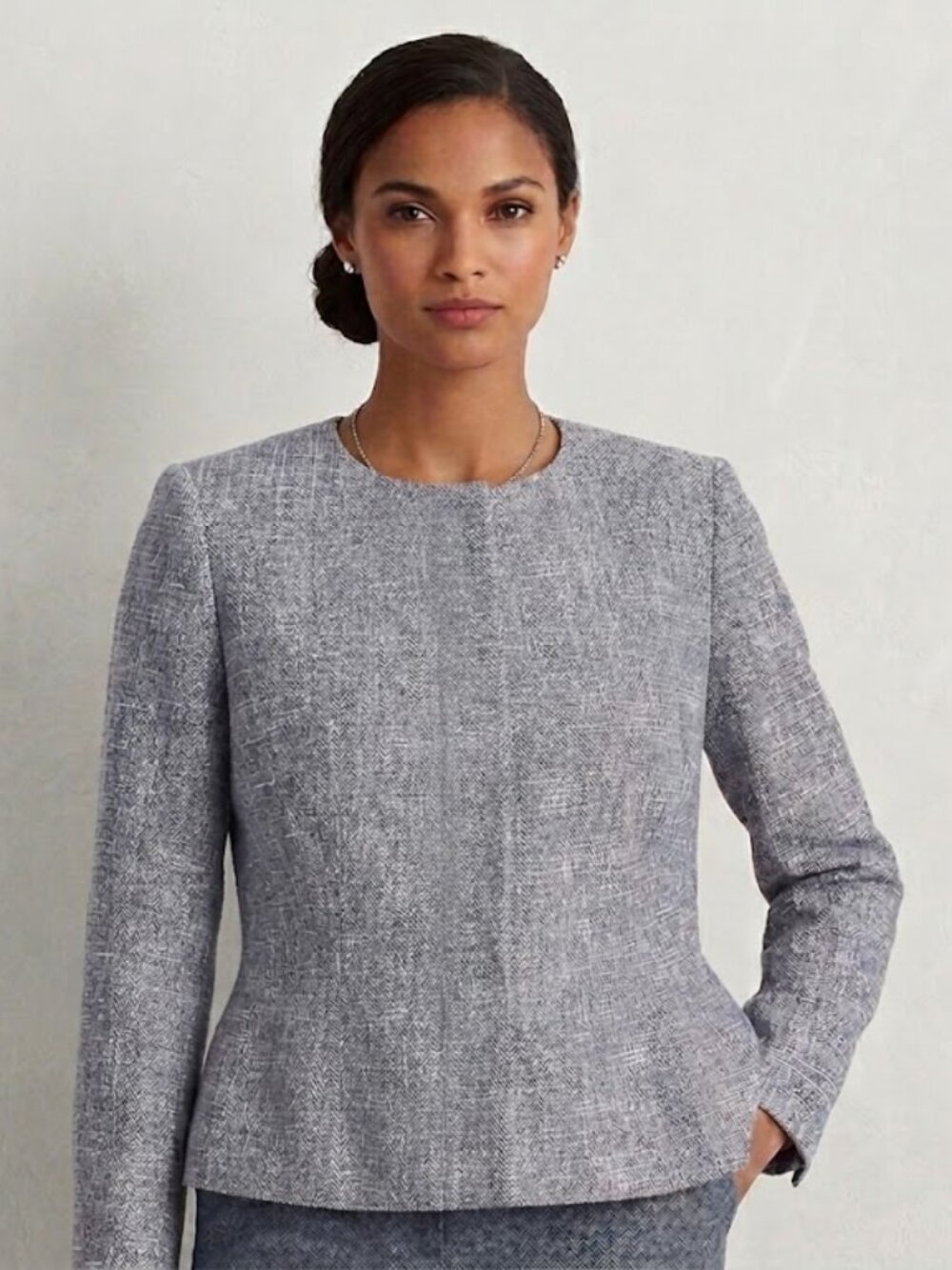 Boden Tweed Polperro Collarless Peplum Jacket in Blue Gray Tweed Size 10